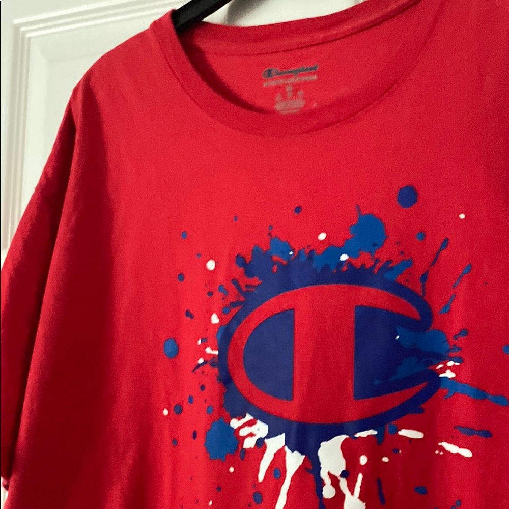 Champion Red Tee with Blue Splash Graphic